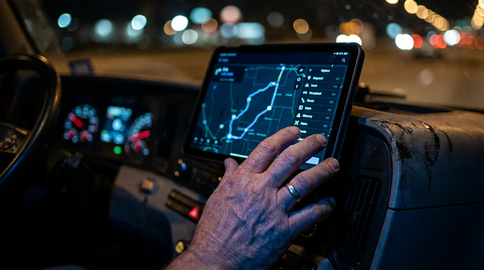 Driver using a tablet with a route map inside a truck cab at night